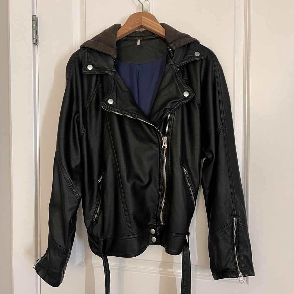 Free People Black Vegan Leather Hoodie Moto Jacket
